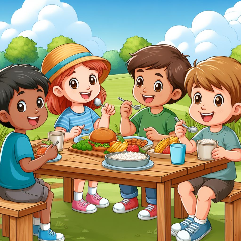 niños y niñas comiendo